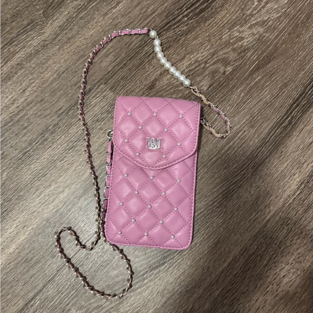 Badgley Mischka Pink Quilted Crossbody Bag with Pearl Chain